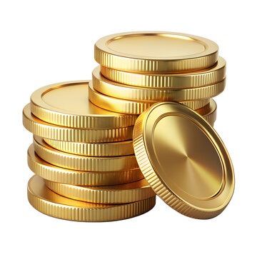 Stack of gold coins with one coin in front isolated on transparent background