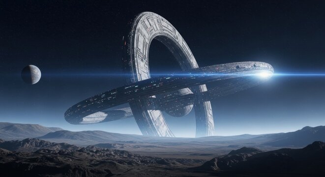 Alien flying saucer over desolate planet with distant moon. Futuristic utopian architecture of space colony. Concept of interstellar travel and alien civilization.