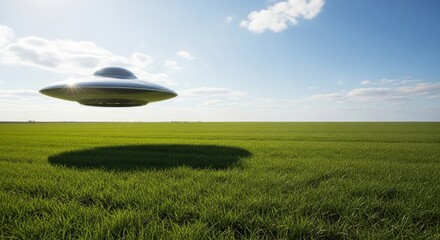 Metal flying saucer hovering over a green grass field casting a shadow on a sunny day. Extraterrestrial spaceship concept for mystery and science fiction.