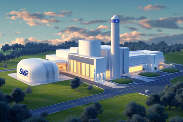 Small modular reactor (SMR) situated amidst contemporary architecture, nuclear energy, compact reactor, reactor plant, nuclear facility, forest landscape, grassy fields
