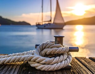 Obraz premium A sailboat at sunset, tied to a dock