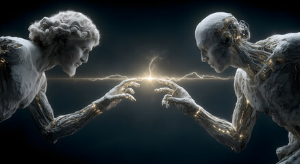 Gemini zodiac sign as two futuristic figures reaching out hands, electric energy between fingers, cosmic astrology illustration
