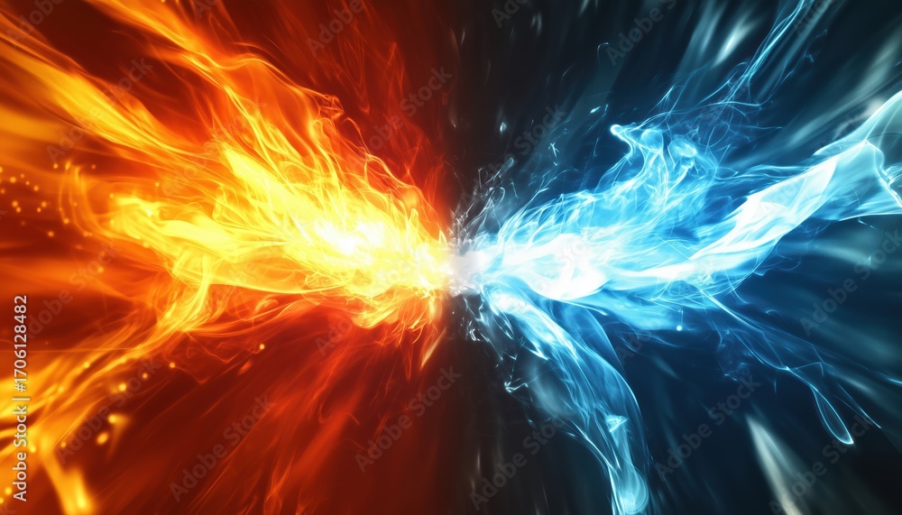 Poster rivalry of abstract zoom lights featuring fire and ice elements colliding in a battle of heat versus
