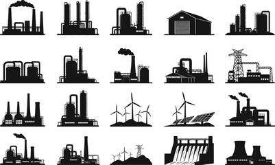 Silhouettes of various industrial factories, power plants, renewable wind turbines, solar panels, hydroelectric dam, and nuclear energy stations vector icon collection