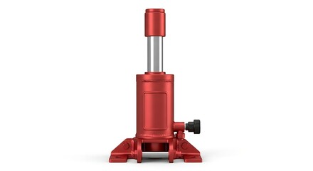 Red Hydraulic Jack with Silver Piston on White Background, Industrial Tool.