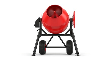 Vibrant Red Portable Cement Mixer on Black Metal Stand with Wheels, Isolated on White.