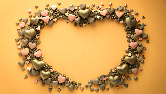 A beautiful and romantic heart shaped frame made of numerous small metallic and pastel pink heart shaped objects arranged on a warm orange background with a soft gradient effect - Powered by Adobe