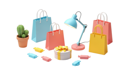 Colorful shopping bags and desk lamp with gifts isolated on a transparent background cactus