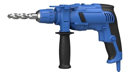 Powerful Blue Corded Drill with Metal Drill Bit, Close-up Studio Shot.