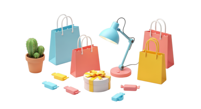 Colorful shopping bags and desk lamp with gifts isolated on a transparent background cactus