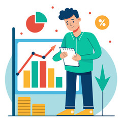 Analyzing growth charts for financial success, a young professional reviews performance metrics and plans strategies for continued revenue increase and market expansion, modern business
