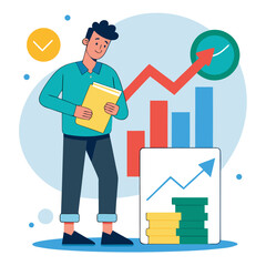 Man analyzing financial growth charts with positive market trend, investment success, business strategy and economic development, scalable vector graphic
