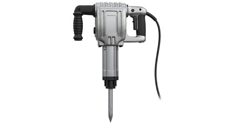 Powerful Silver Jackhammer Isolated on White Background, Construction Tool, Close-up Studio Shot.