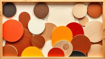 Abstract Art: Colorful Wooden Circles in a Frame, a Dynamic and Textural Composition for Creative Projects.                                           