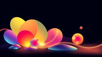 Vibrant Abstract Arrangement: Gradient Spheres and Geometric Shapes on Dark Background, Modern Illustration with Light Streaks.                       
