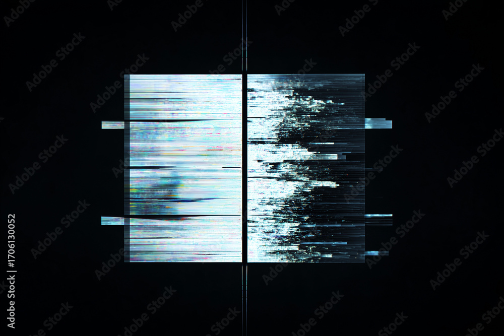 Poster minimalist 3d screen icon divided in half one side clear other side glitching static symbolizing dig