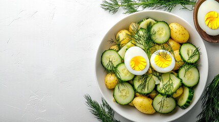 Refreshing cucumber salad with boiled eggs dill and new potatoes on white textured background healthy vegetable meal side dish