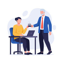 Obraz premium Man giving coffee to woman at desk with laptop.