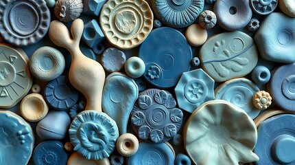 Textured Pottery Pieces: Blue & Beige Handcrafted Ceramic Designs, Aromatic Stones, Decorative Shapes Background.                                     