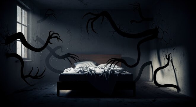 A dimly lit bedroom with eerie, shadowy tendrils extending from the walls, creating a haunting atmosphere around an unmade bed.
