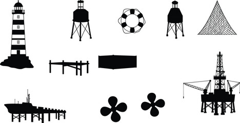 Black silhouette maritime icons set including lighthouse, water tower, life ring, fishing net, dock, cargo container, ship, propellers, and offshore oil rig vector illustration.
