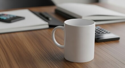 White coffee mug on a wooden desk with notebooks and phone