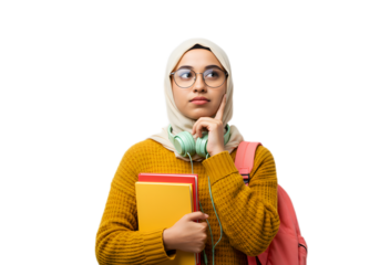 Thoughtful Muslim student with headphones and backpack, preparing for education or travel