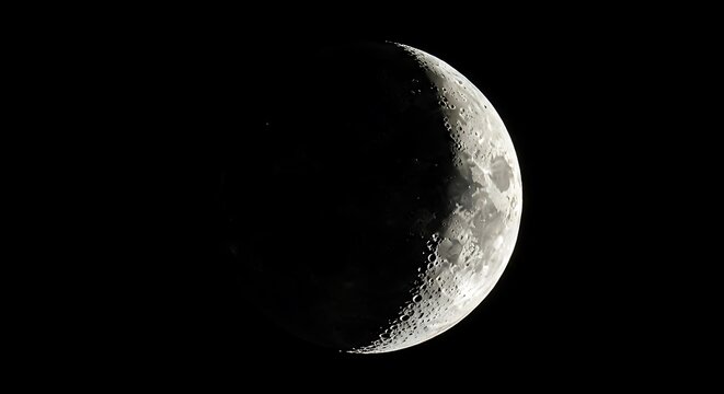 Waxing Crescent Moon Phase Shining Brightly in the Night Sky.