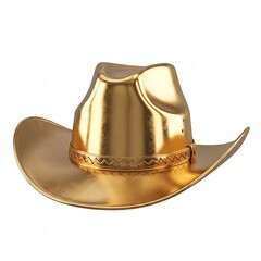 A shiny golden cowboy hat with a wide brim, isolated on a white