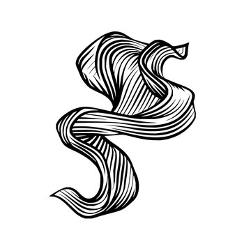 Abstract black and white wavy ribbon design with parallel lines creating a flowing shape on white background