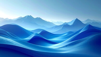 A serene, blue landscape with mountains