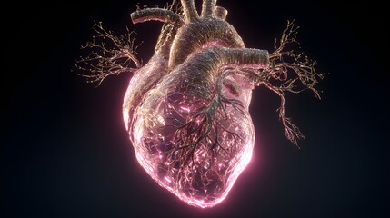 Biotech heart sculpture: glowing glass with tree roots, neon-noir style