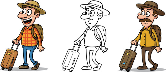 Cartoon traveler characters with suitcase, backpack, hat, and different expressions illustration for tourism, holiday journey, vacation, adventure vector design.