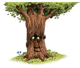 Drawing of a tree with a talking face