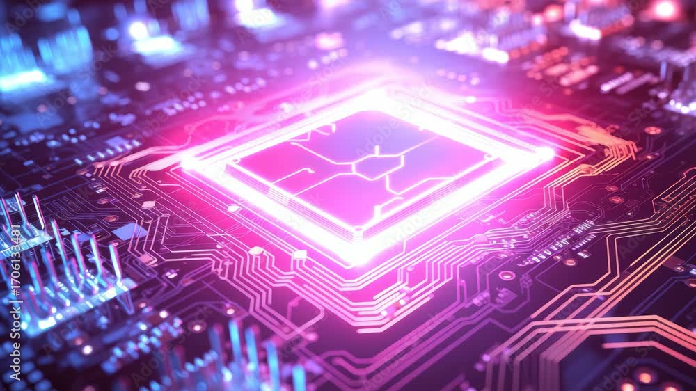 Poster futuristic video concept of a glowing microchip on a circuit board. captured from a low-angle, showc