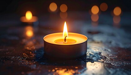 A single candle flame glows softly in the dark