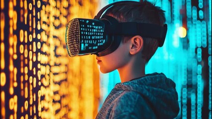 A young child engages with immersive technology, wearing a virtual reality headset in a brightly lit digital space filled with colorful binary code. Curiosity and excitement fill the air. - Powered by Adobe