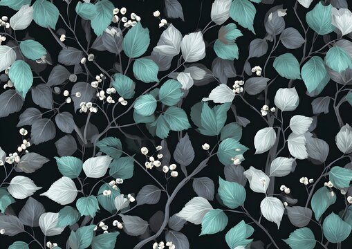 Botanical Pattern with White Berries and Teal Leaves on Dark Background for Elegant Decorative Design
