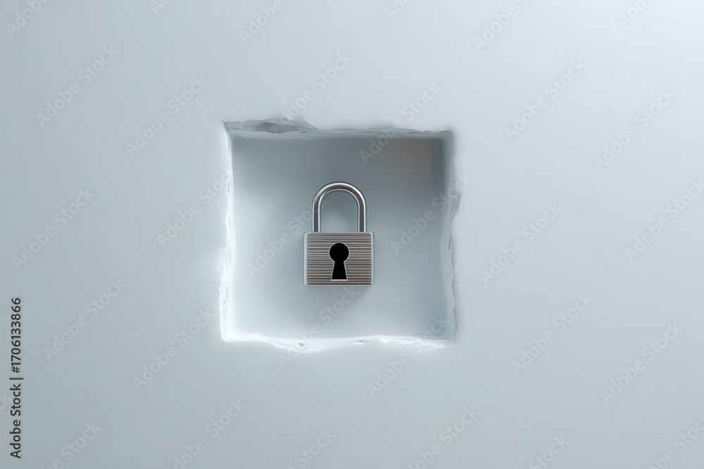 Poster minimalist open lock lying on a platform with hollow space inside symbol of emotional emptiness or b