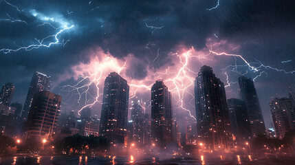 Fototapeta premium Cityscape under dramatic lightning storm