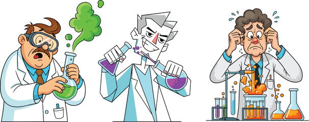 Funny cartoon scientists experimenting with colorful chemical reactions in laboratory, comical expressions, science research illustration for education, creativity, discovery design.