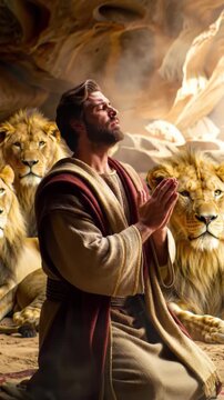 Daniel Kneels Praying to God in Cave, Surrounded by Calm Lions Lounging, Biblical Old Testament Story of Faith and Divine Protection