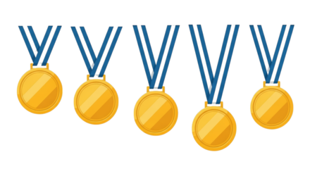 Five golden medals with blue ribbons isolated on a transparent background award