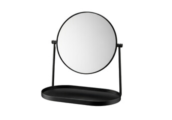 Oval vanity mirror with black base and tray isolated on transparent background