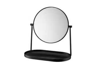Oval vanity mirror with black base and tray isolated on transparent background