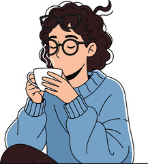 Modern vector illustration of a young woman with curly hair drinking hot coffee wearing glasses and cozy blue sweater relaxing indoors.