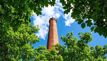 Brick chimney framed by leaves