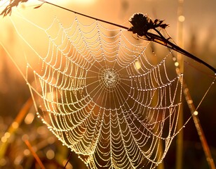 Dew-kissed spiderweb at sunrise