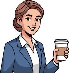Smiling businesswoman holding takeaway coffee cup, professional office worker illustration, confident female character cartoon vector design for corporate workplace