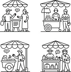 Vendor Booth Icon Set – 4 Black & White Market Stalls with Canopy & Dual Sellers